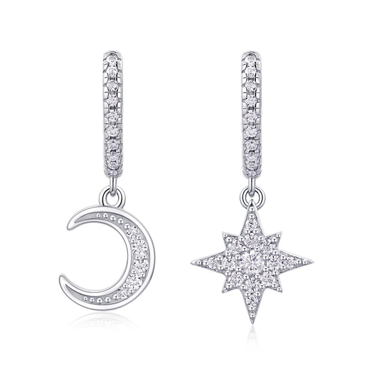 Star & Moon - Earrings & Stud Jewelry Set/Sterling Silver & Platinum-plated Diamonds