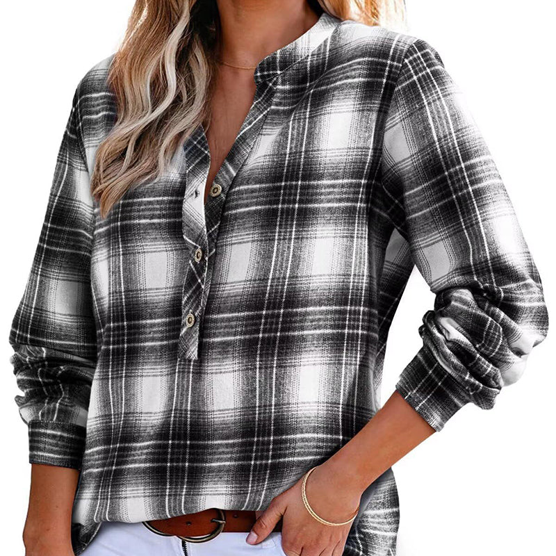Women's Plaid V-Neck Blouse/Top
