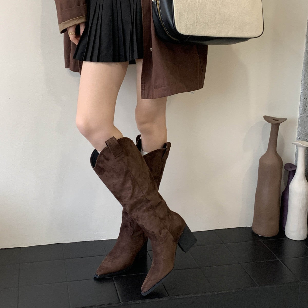 French Style Vintage Coffee Coloured Western Cowboy Boots