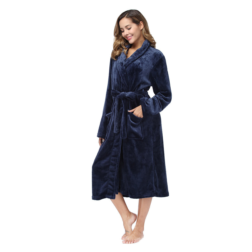 Solid Color Collar Robe For Women In Navy Blue
