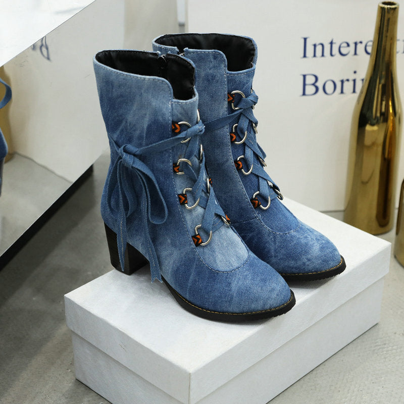 Korean Style Denim Winter Boots Lace-Up Design
