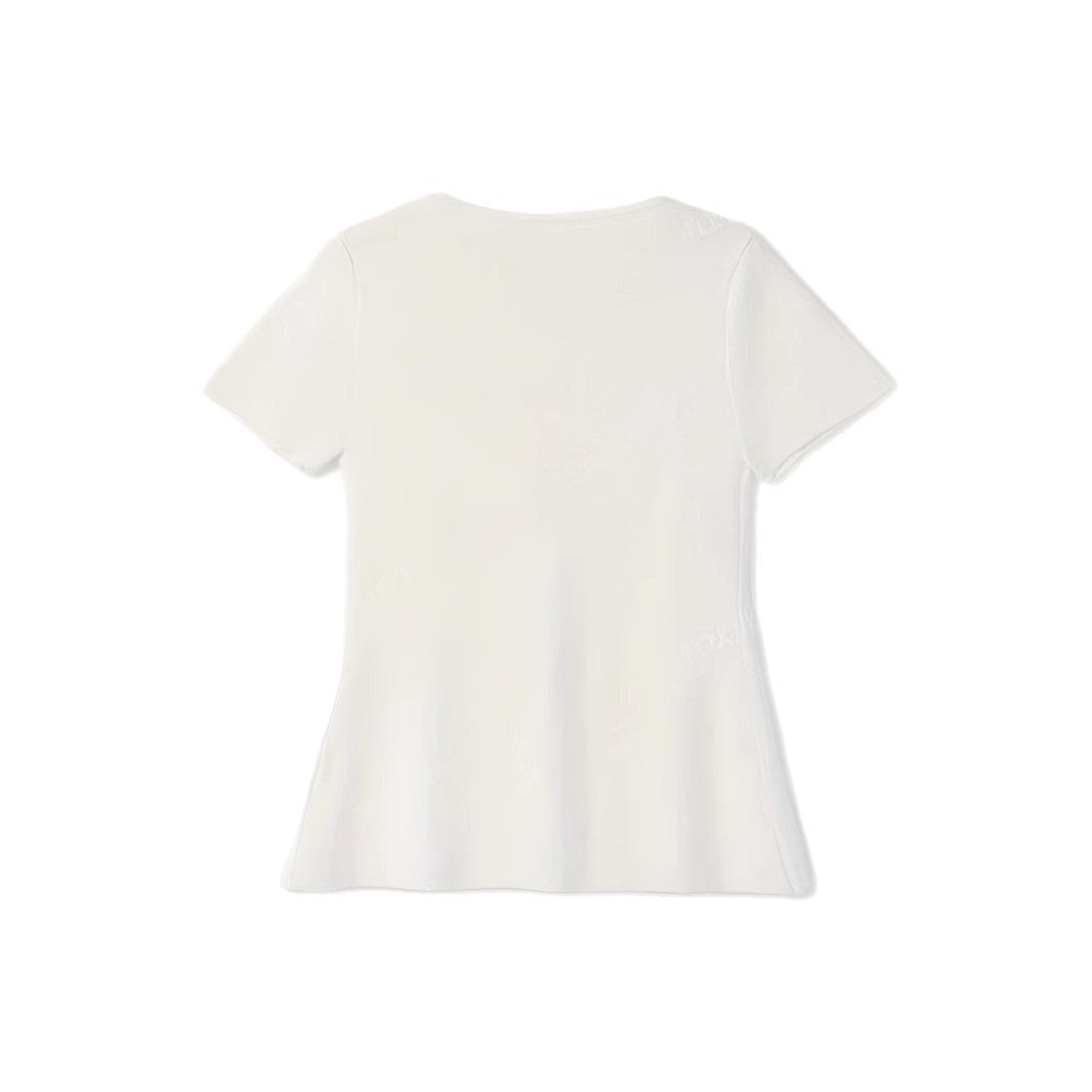 Women's Round Neck Metal Button Design Solid Color Short Sleeve Top