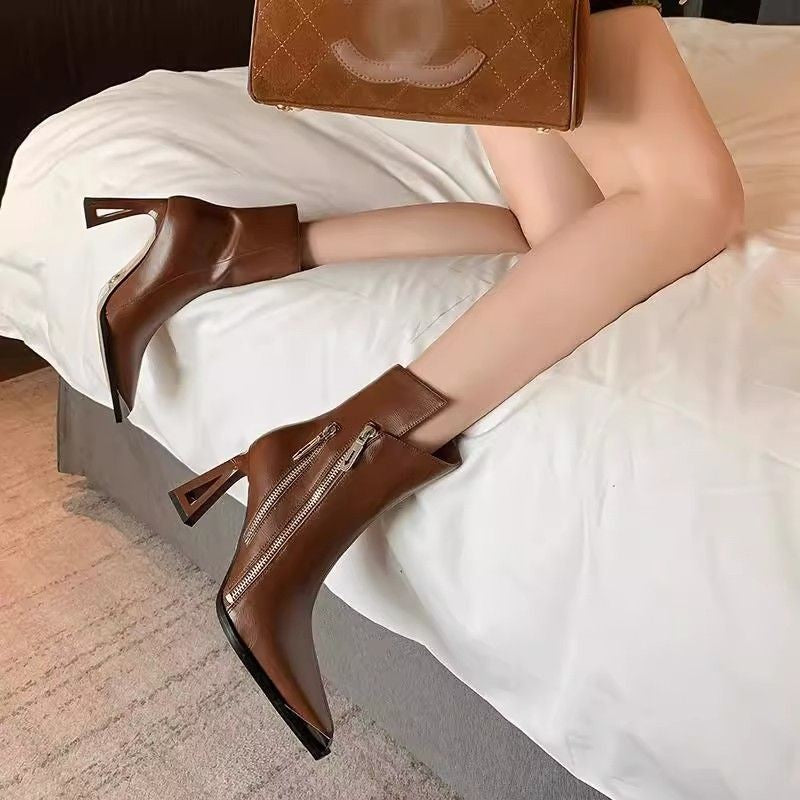 Pointed-Toe Chunky-Heel Side-Zip Boots