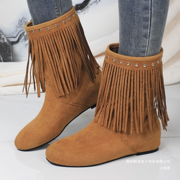 Plus Size Studded Suede Tassel Boots