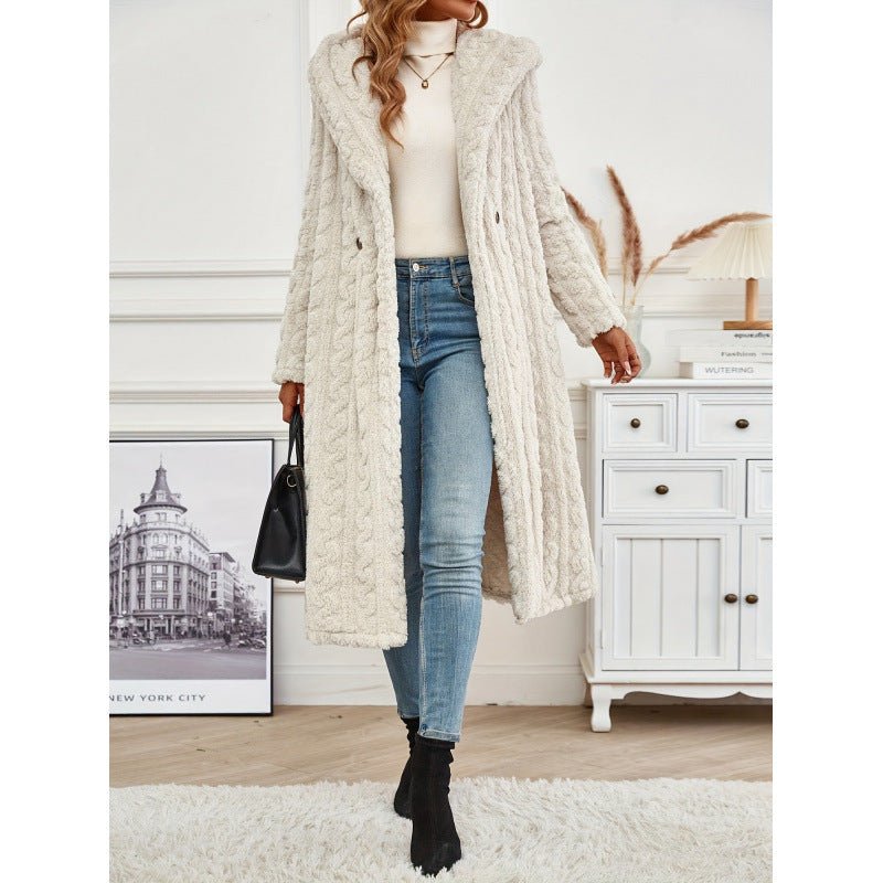 Women's Long Solid Color Long Sleeve Hooded Wool Coat