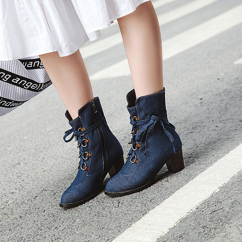 Korean Style Denim Winter Boots Lace-Up Design